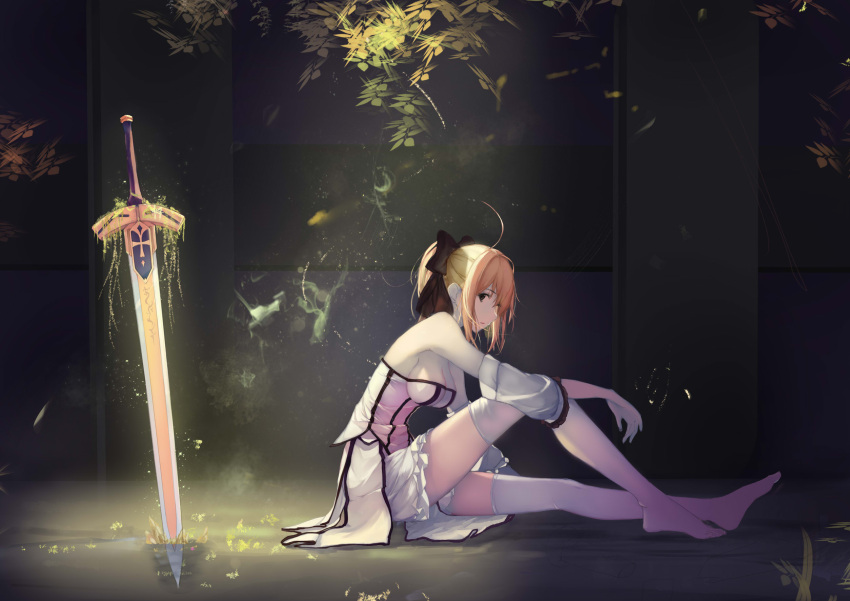 1girl ahoge artoria_pendragon_(all) aura backlighting bangs bare_shoulders black_ribbon blonde_hair breasts caliburn cleavage fate/grand_order fate_(series) from_side glowing grass green_eyes hair_ribbon highres hoshino_arika knee_up light light_particles long_legs looking_at_viewer medium_breasts overgrown parted_lips plant ribbon saber_lily see-through short_hair short_ponytail sitting_on_ground solo stuck sword thigh-highs thighs vines weapon white_legwear