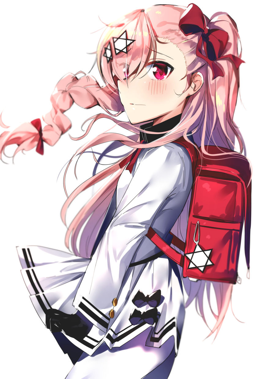 1girl absurdres backpack bag bangs black_gloves blush bow braid closed_mouth collared_shirt commentary_request eyebrows_visible_through_hair girls_frontline gloves hair_between_eyes hair_bow hair_ornament hair_ribbon hexagram highres long_hair negev_(girls_frontline) noria pantyhose pink_eyes pink_hair pleated_skirt red_bow red_ribbon ribbon shirt simple_background skirt solo star_of_david very_long_hair white_background white_legwear white_shirt white_skirt