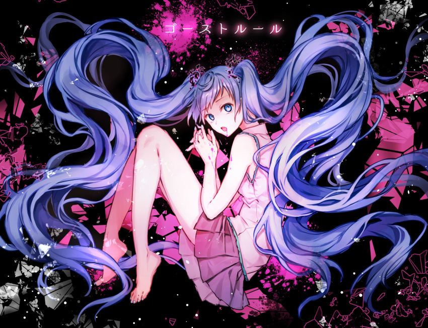 1girl barefoot black_skirt blood blood_on_face blue_eyes blue_nails floating_hair full_body ghost_rule_(vocaloid) hair_ornament hatsune_miku highres long_hair looking_at_viewer miniskirt nail_polish open_mouth pleated_skirt rakugakiii shirt skirt sleeveless sleeveless_shirt solo toenail_polish twintails very_long_hair vocaloid white_shirt
