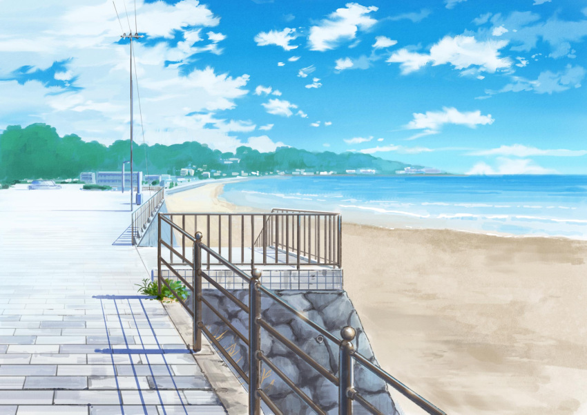 beach blue_sky clouds cloudy_sky commentary_request day highres hirota_(masasiv3) horizon no_humans ocean outdoors railing scenery shore sky stairs telephone_pole waves