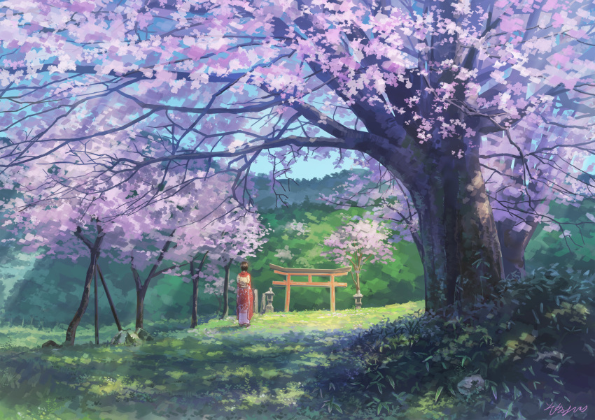 1girl brown_hair cherry_blossoms from_behind highres looking_away original scenery short_hair signature somei_yoshinori spring_(season) torii tree