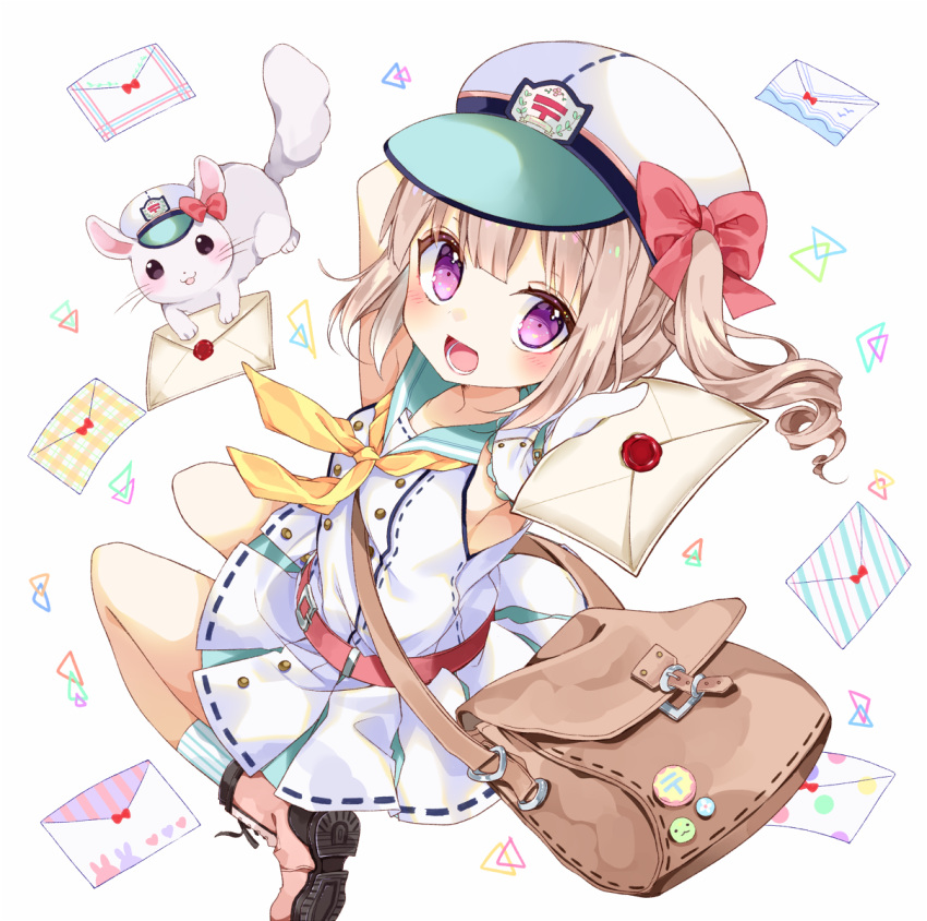 1girl :d arm_behind_head armpits bag bare_arms blonde_hair boots chico152 chinchilla_(animal) dress folded_leg gloves hat hat_ribbon highres holding japanese_postal_mark jumping letter looking_at_viewer looking_back neckerchief open_mouth original pink_boots ribbon satchel short_hair side_ponytail sleeveless sleeveless_dress smile socks solo striped striped_legwear triangle violet_eyes wax_seal white_background white_gloves yellow_neckerchief