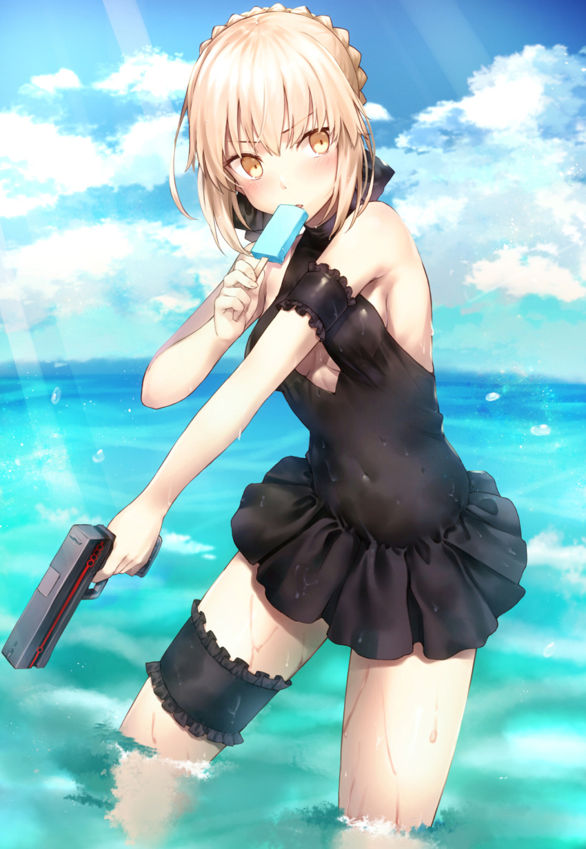 1girl artoria_pendragon_(swimsuit_rider_alter)_(fate) bangs black_bow black_swimsuit blonde_hair blue_sky bow braid breasts center_opening clouds cloudy_sky eating eyebrows_visible_through_hair fate/stay_night fate_(series) finger_on_trigger food french_braid frills gun hair_bow handgun highres holding holding_food holding_gun holding_weapon leg_garter legs_apart light_rays looking_at_viewer medium_breasts omochi_no_kimochi one-piece_swimsuit outdoors pistol popsicle sidelocks sky solo sunbeam sunlight swimsuit thighs tsurime wading weapon yellow_eyes