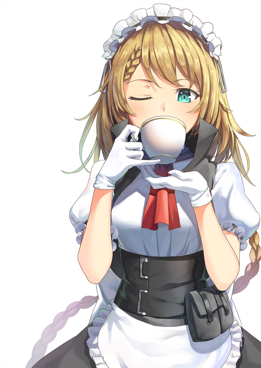 1girl apron artist_name bangs blonde_hair blue_eyes blush braid breasts corset covered_mouth cup drinking eyebrows_visible_through_hair g36_(girls_frontline) girls_frontline gloves hand_up highres holding holding_cup long_hair looking_at_viewer maid maid_apron maid_headdress neckerchief one_eye_closed pinky_out pouch puffy_short_sleeves puffy_sleeves red_neckwear short_sleeves sidelocks simple_background solo teacup very_long_hair vikpie white_background white_gloves