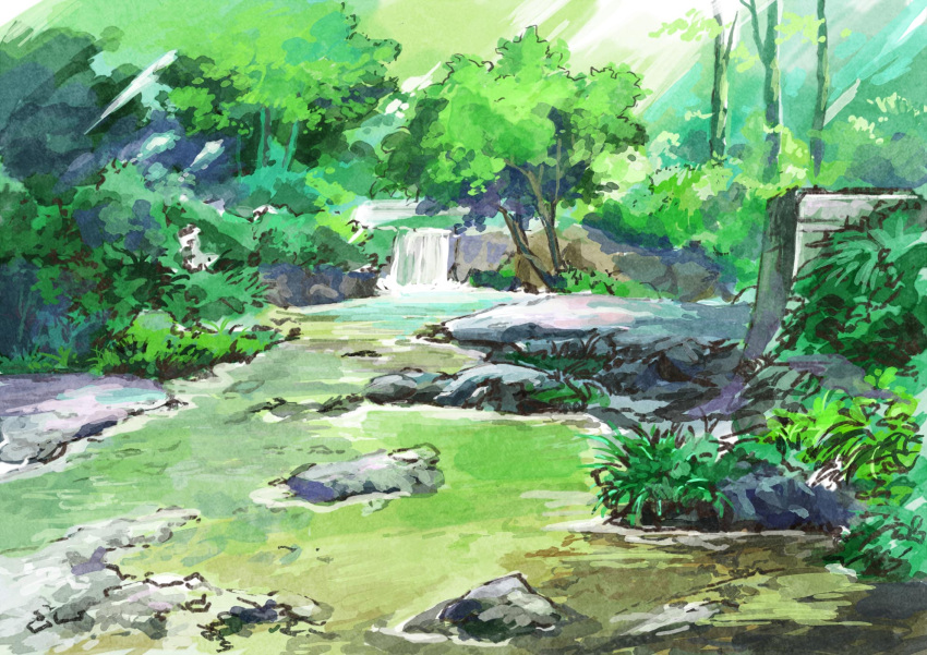 commentary day highres hirota_(masasiv3) nature no_humans outdoors river rock scenery tree water water_surface waterfall