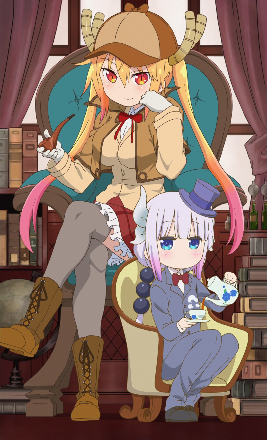 2girls absurdres beads blonde_hair blue_eyes blush breasts dragon_girl dragon_horns female gloves gradient_hair hair_beads hair_ornament highres horns kanna_kamui kobayashi-san_chi_no_maidragon lavender_hair long_hair looking_at_viewer multicolored_hair multiple_girls official_art orange_eyes pink_hair sherlock_holmes sherlock_holmes_(cosplay) smile thigh-highs tooru_(maidragon) twintails white_gloves