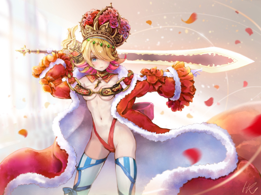 1girl arm_up armor artist_name ass bangs bikini_armor blonde_hair blue_eyes blue_legwear blurry blush breasts closed_mouth crown depth_of_field detached_collar dress frilled_sleeves frills fur_trim gloves gown hair_over_one_eye highleg highleg_panties holding holding_sword holding_weapon hoshizaki_reita looking_at_viewer medium_breasts navel open_clothes original outstretched_arm panties petals red_panties revealing_clothes rose_petals signature solo striped striped_legwear swept_bangs sword thigh-highs thighs tsurime underwear vertical-striped_legwear vertical_stripes weapon white_gloves white_legwear wide_sleeves