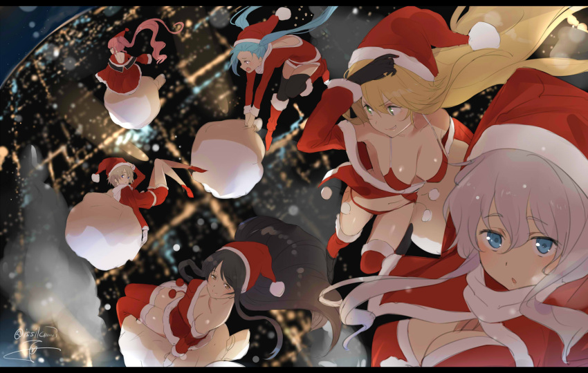 6+girls bare_shoulders bikini black_gloves black_hair blonde_hair blue_eyes blue_hair boots breasts character_request christmas cleavage copyright_request dress falling full_body fur-trimmed_boots fur-trimmed_sleeves fur_trim gloves green_eyes hat high_heels highres isshiki_(ffmania7) large_breasts long_hair looking_at_viewer multiple_girls off-shoulder_dress off_shoulder pink_hair ponytail red_bikini_top red_legwear santa_costume santa_hat short_hair swimsuit thigh-highs thigh_boots twintails white_gloves white_hair yellow_eyes
