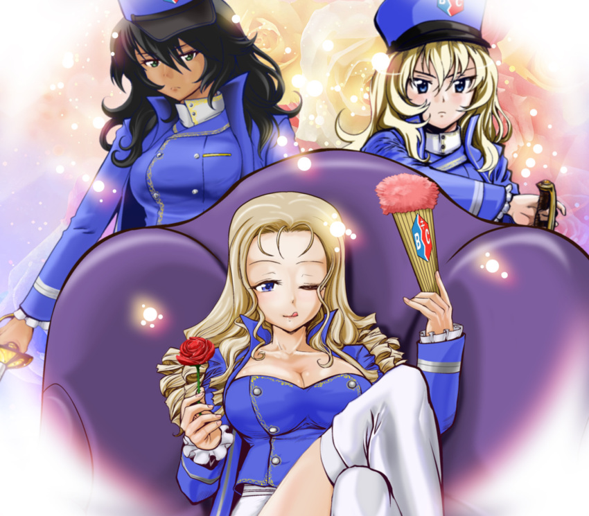 3girls :p bangs bc_freedom_(emblem) black_hair blonde_hair blouse blue_blouse blue_coat blue_eyes blue_hat boots breasts chair cleavage closed_mouth commentary_request dark_skin drill_hair fan flower folding_fan frown girls_und_panzer green_eyes hat highres holding holding_weapon large_breasts light_particles long_hair long_sleeves looking_at_viewer multiple_girls one_eye_closed rose serious sitting smile standing thigh-highs thigh_boots tongue tongue_out uniform weapon white_boots yoyokkun
