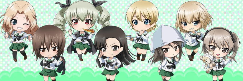 6+girls alternate_costume anchovy asymmetrical_bangs bandage bangs black_cape black_jacket black_legwear black_neckerchief black_ribbon blonde_hair blouse blue_eyes blue_hat boko_(girls_und_panzer) braid brown_eyes brown_hair brown_shoes cape chibi cup darjeeling drill_hair food from_side girls_und_panzer green_hair green_skirt grin hair_intakes hair_ribbon hand_in_hair hand_on_hip hat holding holding_clothes holding_food jacket katyusha kay_(girls_und_panzer) kneehighs leg_up light_smile loafers long_hair long_sleeves looking_at_viewer mika_(girls_und_panzer) miniskirt multiple_girls neckerchief nishi_kinuyo nishizumi_maho one_eye_closed ooarai_school_uniform open_mouth parda_siko parted_lips pizza pleated_skirt red_eyes ribbon salute saucer school_uniform serafuku shimada_arisu shoes short_hair skirt sleeves_past_wrists smile socks standing standing_on_one_leg sweatdrop teacup thigh-highs tied_hair trait_connection twin_braids twin_drills twintails white_blouse