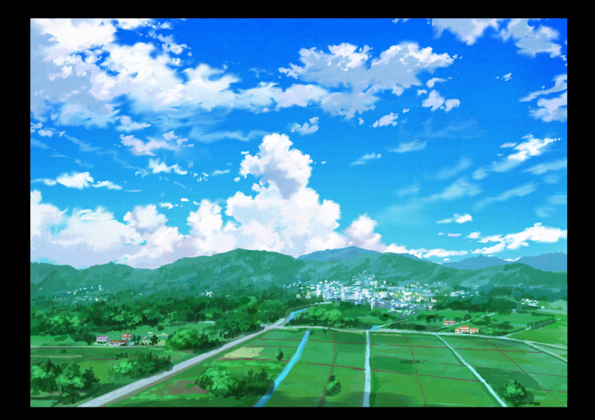 absurdres blue_sky border building city clouds cloudy_sky commentary_request day highres hirota_(masasiv3) house landscape mountain mountainous_horizon nature no_humans outdoors river road scenery sky