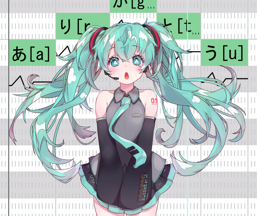 1girl :o absurdres arms cowboy_shot detached_sleeves eyebrows_visible_through_hair floating_hair green_eyes green_hair hatsune_miku headset highres long_hair looking_at_viewer microphone necktie open_mouth relila skirt solo standing twintails vocaloid
