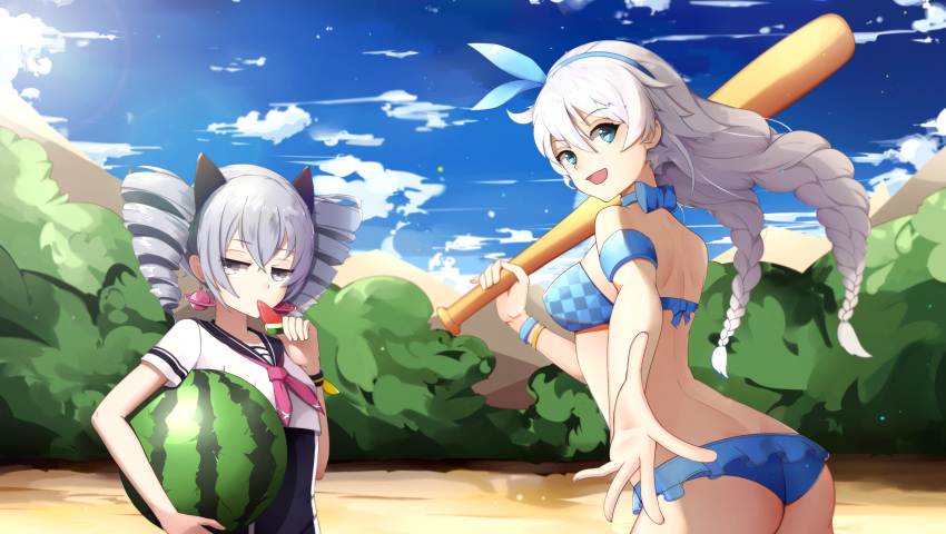 2girls absurdres ass baseball_bat benghuai_xueyuan blue_eyes blush bracelet breasts character_request closed_mouth drill_hair earrings eyebrows_visible_through_hair food fruit grey_eyes grey_hair hd-hlh-3h highres holding holding_food honkai_impact jewelry large_breasts long_hair looking_at_viewer multiple_girls neckerchief parted_lips pink_neckerchief popsicle short_hair smile swimsuit twin_drills watermelon watermelon_bar white_hair