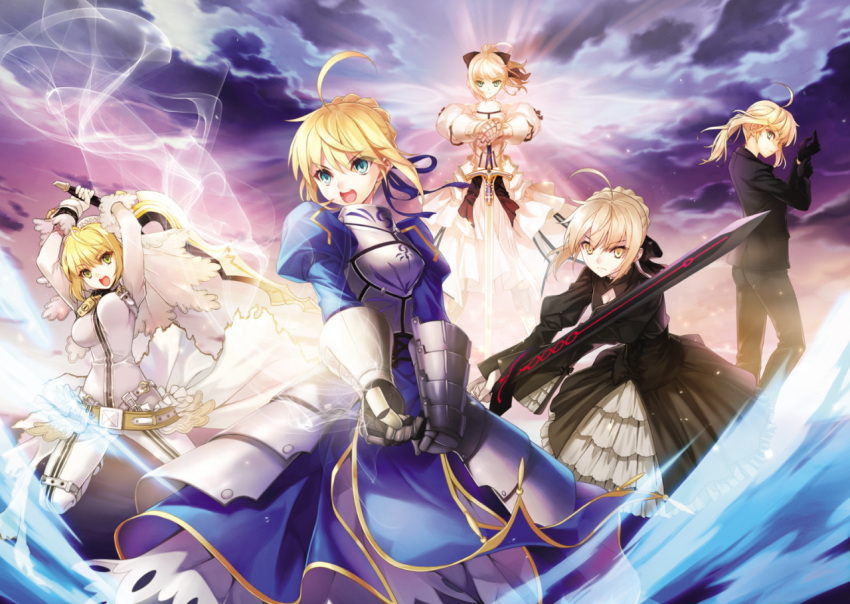 5girls adjusting_vloes ahoge aqua_eyes armor armored_dress arms_up artoria_pendragon_(all) black_bow black_dress black_gloves black_jacket black_legwear black_pants blonde_hair blue_dress blue_eyes blue_ribbon bodysuit bow breasts cleavage dark_excalibur dress excalibur eyebrows_visible_through_hair formal gloves gothic_lolita green_eyes guantlers hair_between_eyes hair_bow hair_ribbon holding holding_sword holding_weapon jacket lolita_fashion long_hair looking_at_viewer looking_back multiple_girls open_mouth pant_suit pants ponytail ribbon saber short_dress shuen small_breasts standing suit sword weapon white_dress white_gloves yellow_eyes