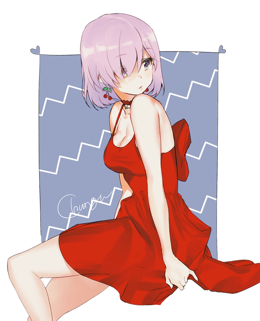 1girl arms_at_sides bangs bare_arms bare_shoulders blue_eyes breasts cherry_earrings choker chungu cleavage closed_mouth collarbone dress earrings eyebrows_visible_through_hair eyes_visible_through_hair fate/grand_order fate_(series) food_themed_earrings hair_over_one_eye highres jewelry looking_away medium_breasts purple_hair red_choker red_dress shielder_(fate/grand_order) short_hair signature sitting sleeveless sleeveless_dress solo violet_eyes