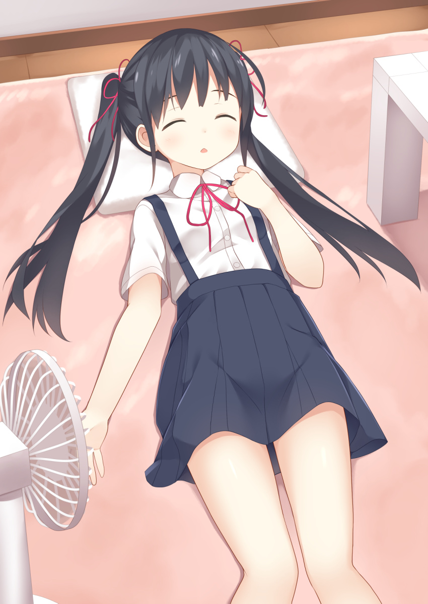 1girl :o bangs black_hair blue_skirt blush closed_eyes collared_shirt commentary_request electric_fan hair_ribbon highres long_hair lying neck_ribbon on_back on_floor original parted_lips pillow pleated_skirt red_ribbon ribbon rug school_uniform shirt short_sleeves skirt sleeping solo suspender_skirt suspenders table twintails usagino_suzu white_shirt wooden_floor