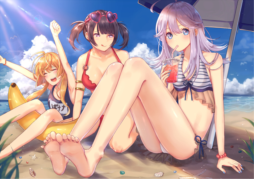 3girls barefoot beach_umbrella black_hair blonde_hair blue_eyes blush breasts cleavage closed_eyes eyebrows_visible_through_hair facing_away feet flat_chest heart-shaped_sunglasses highres large_breasts long_hair looking_at_viewer medium_breasts multiple_girls nukominto open_mouth original pov_feet purple_hair school_swimsuit short_hair short_twintails sitting smile soles sunglasses sunglasses_on_head swimsuit toes tongue tongue_out twintails umbrella