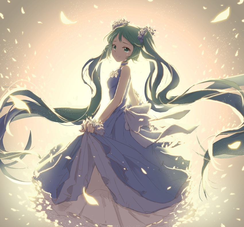 1girl blue_dress crying crying_with_eyes_open dress floating_hair from_side green_eyes green_hair hair hatsune_miku lengchan_(fu626878068) long_dress long_hair sketch sleeveless sleeveless_dress solo standing tears twintails vocaloid wrist_cuffs