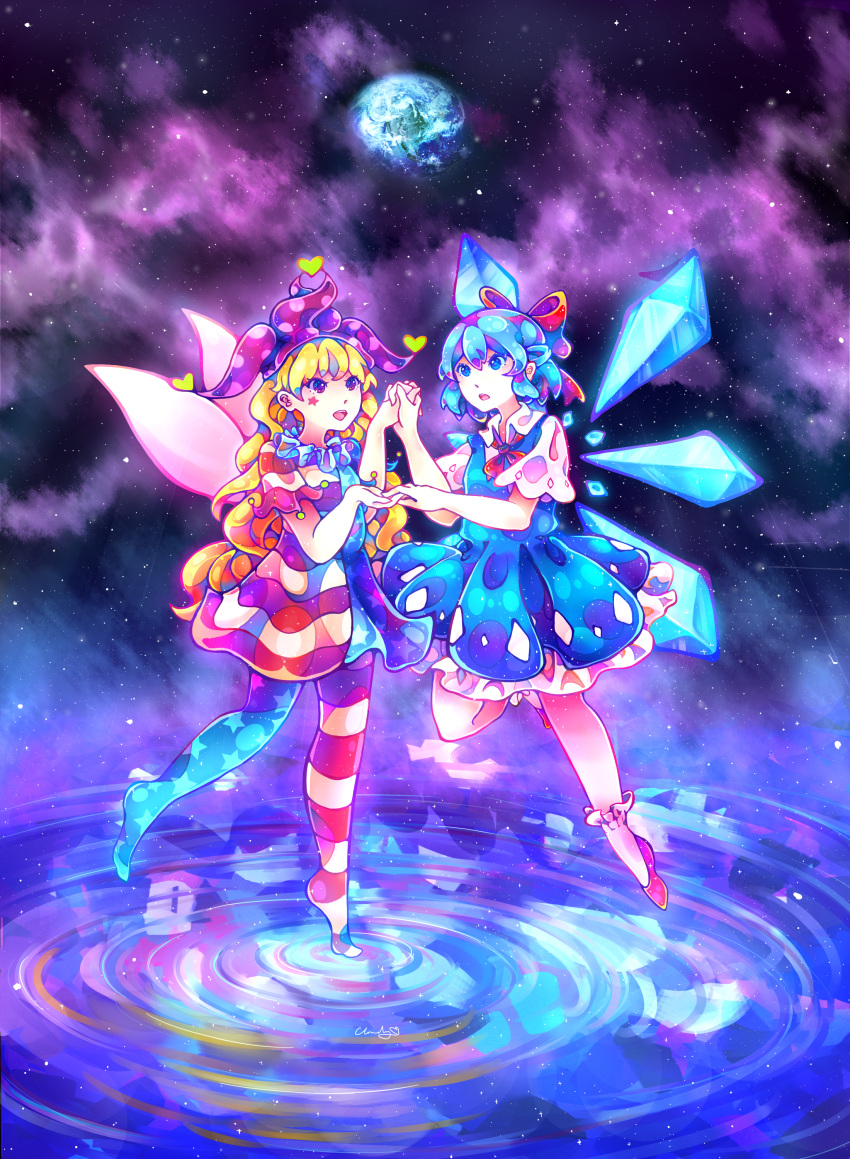 2girls :d :o absurdres american_flag_dress american_flag_legwear bangs blonde_hair blue_dress blue_eyes blue_hair cirno cloudytian clownpiece collared_shirt commentary diamond_(shape) dress earth fairy_wings frilled_dress frilled_legwear frills hair_ribbon hand_holding hands_together hat heart highres ice ice_wings interlocked_fingers jester_cap long_hair multiple_girls neck_ribbon neck_ruff open_mouth polka_dot polka_dot_hat purple_hat red_ribbon red_shoes ribbon ripples shirt shoes short_hair short_sleeves sky sleeveless sleeveless_dress smile space star star_(sky) star_tattoo starry_sky striped tattoo touhou very_long_hair violet_eyes white_legwear white_shirt wings