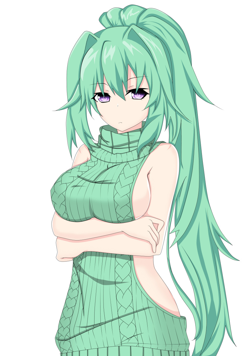 1girl absurdres breasts female green_hair green_heart highres large_breasts long_hair looking_at_viewer meme_attire neptune_(series) ponytail solo symbol-shaped_pupils vert violet_eyes virgin_killer_sweater