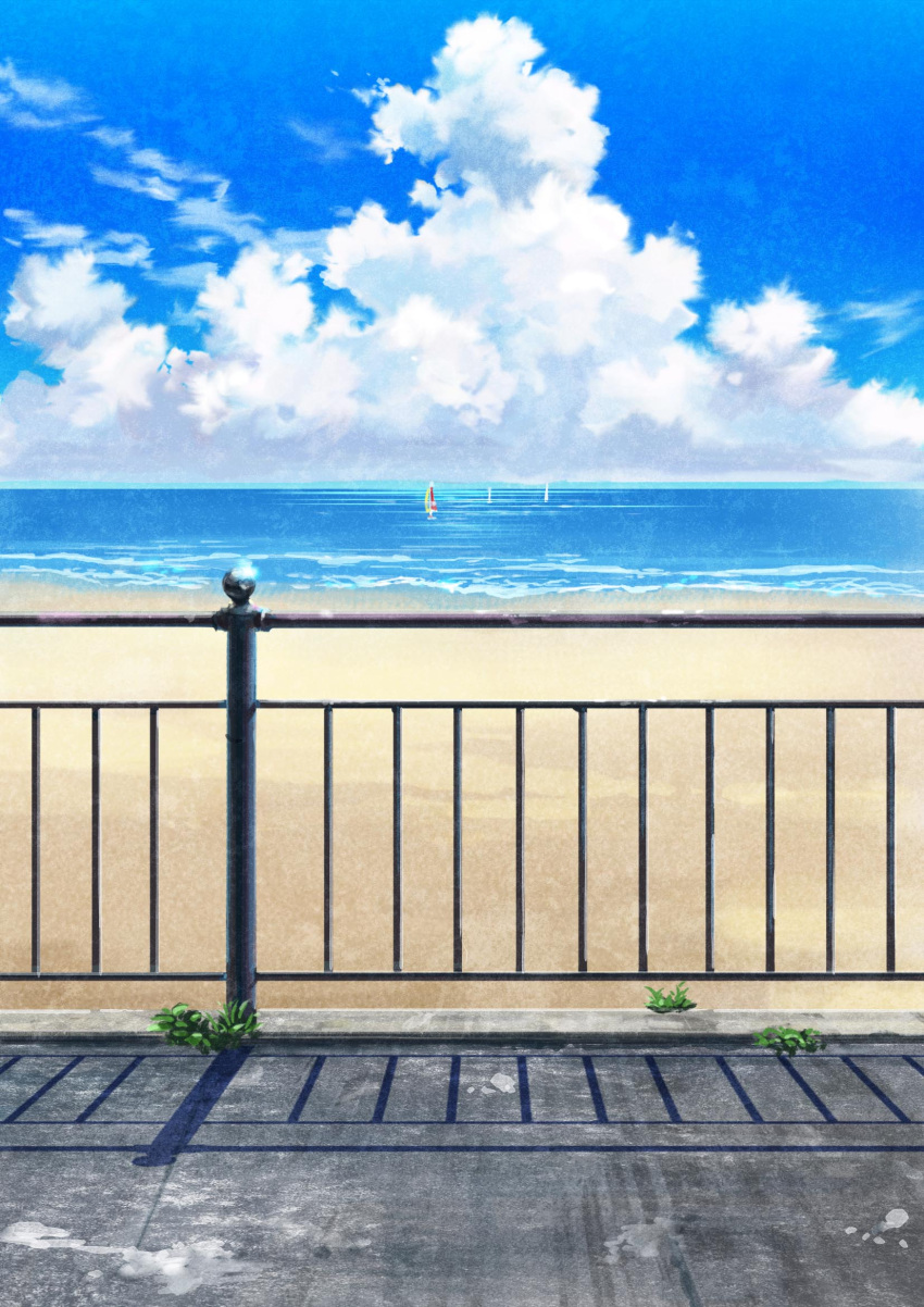 beach blue_sky boat clouds cloudy_sky commentary_request day highres hirota_(masasiv3) horizon no_humans ocean outdoors sailboat scenery shore sky summer watercraft