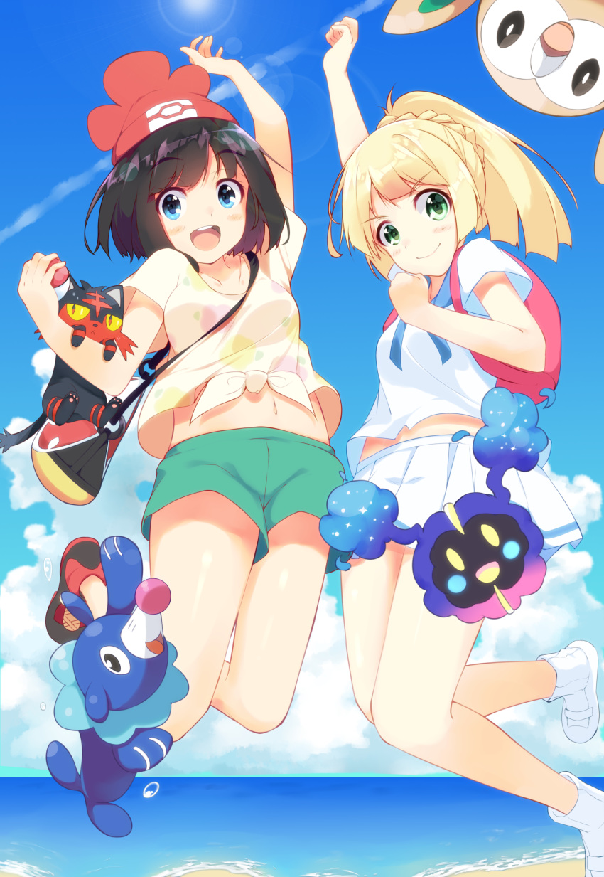 2girls :d absurdres arms_up beach beanie black_hair blonde_hair blue_eyes blue_sky braid breasts clouds cosmog day floral_print full_body green_eyes green_shorts hat highres jumping lillie_(pokemon) litten looking_at_viewer mizuki_(pokemon_sm) multiple_girls nakadadaichi navel ocean open_mouth poke_ball pokemon pokemon_(creature) pokemon_(game) pokemon_sm ponytail popplio rowlet school_uniform serafuku shirt short_sleeves shorts sky smile sunlight tied_shirt water