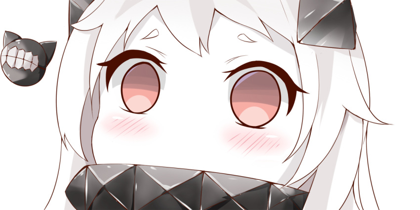 1girl close-up collar covered_mouth empty_eyes enemy_aircraft_(kantai_collection) horns kantai_collection long_hair looking_at_viewer nahaki no_nose northern_ocean_hime red_eyes shinkaisei-kan short_eyebrows simple_background symbol-shaped_pupils white_background white_hair white_skin