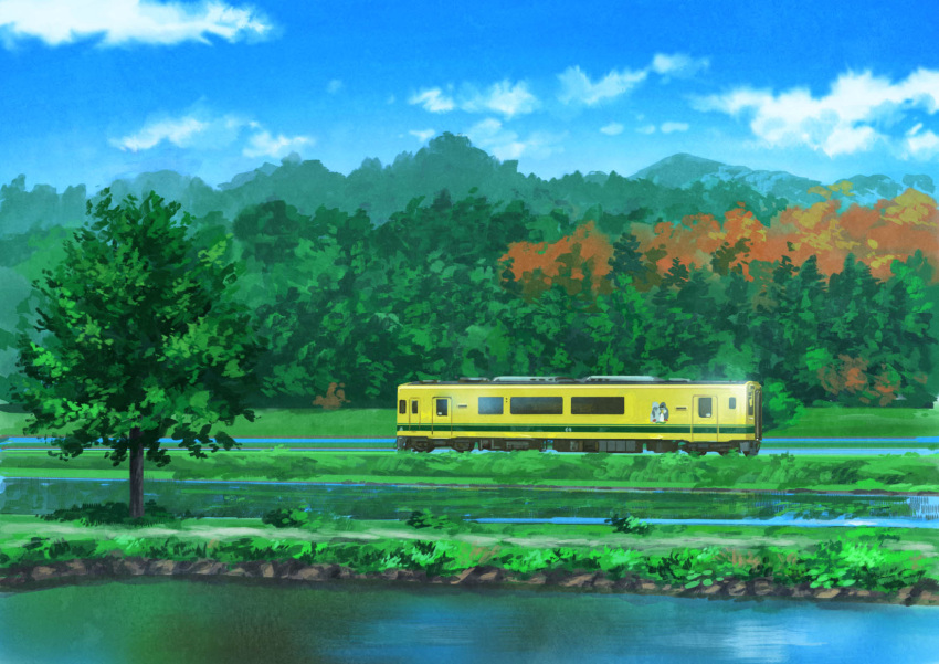 blue_sky clouds commentary_request day forest grass ground_vehicle highres hirota_(masasiv3) mountain nature no_humans outdoors river scenery sky train tree water