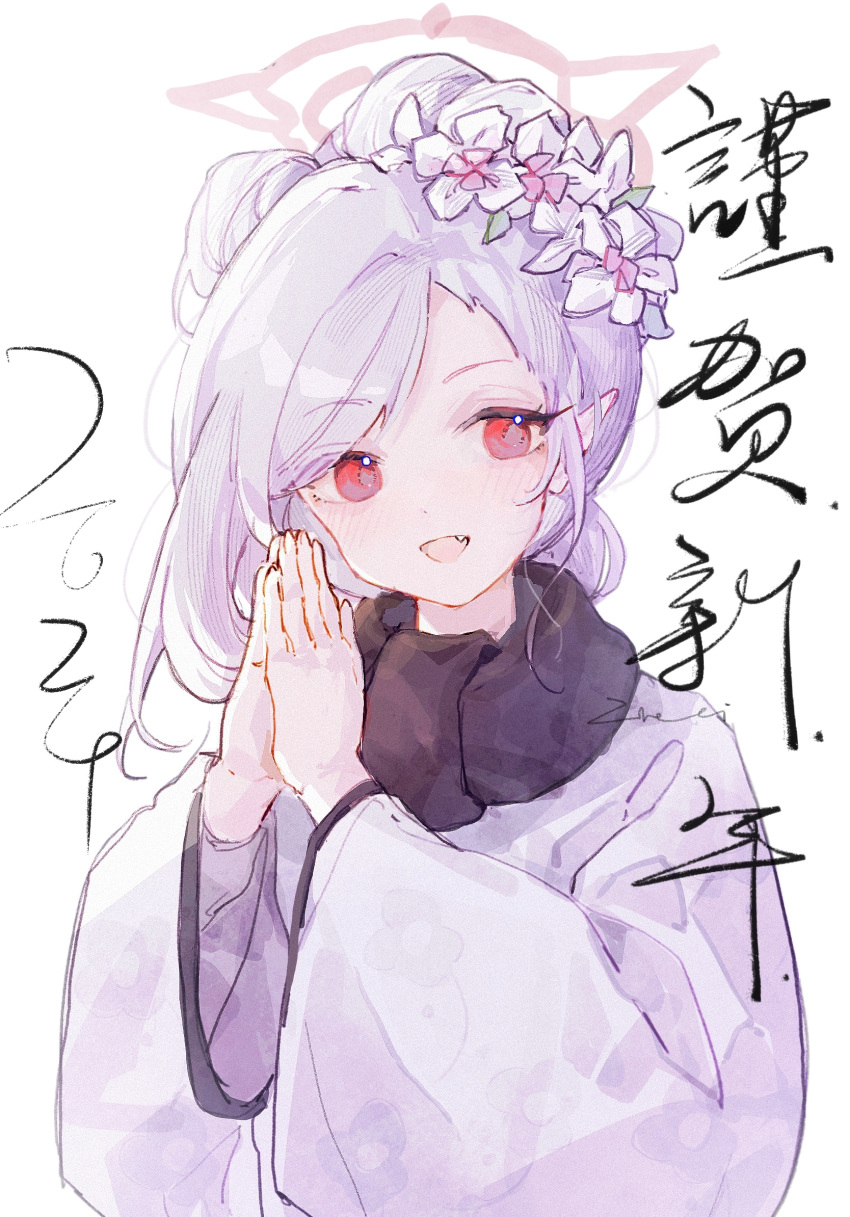 1girl black_scarf blue_archive blush ea08zheci fang flower grey_hair hair_flower hair_ornament halo happy_new_year highres japanese_clothes kimono long_hair long_sleeves mutsuki_(blue_archive) mutsuki_(new_year)_(blue_archive) official_alternate_costume open_mouth pink_halo pointy_ears red_eyes scarf simple_background smile solo upper_body white_background white_flower white_kimono wide_sleeves