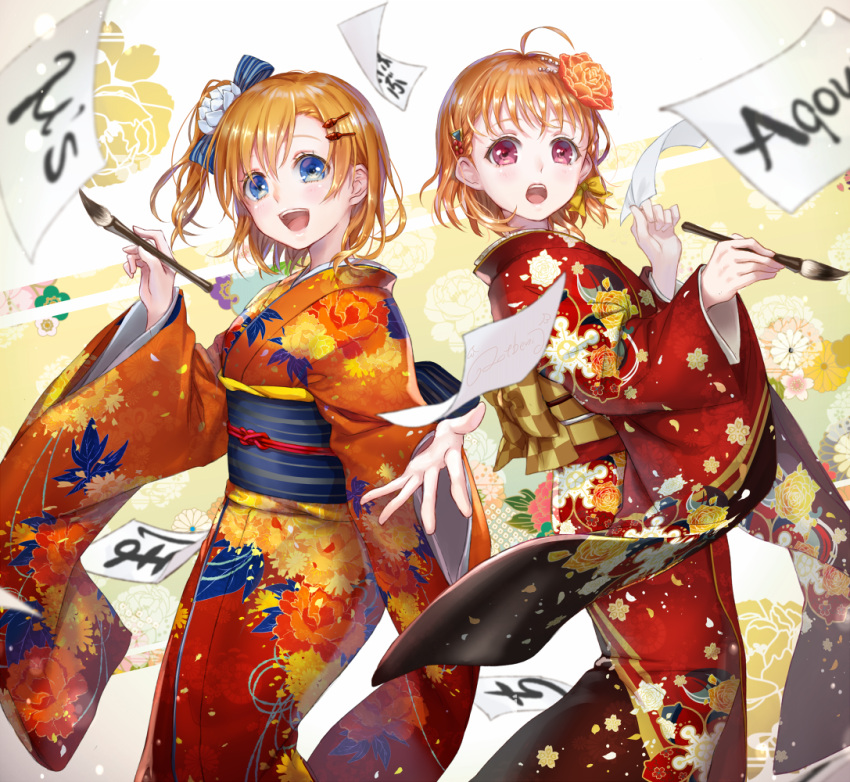 2girls :d ahoge bangs blonde_hair blue_bow blue_eyes blush bow calligraphy_brush floral_background floral_print flower from_side hair_bow hair_flower hair_ornament hairclip holding holding_brush japanese_clothes kimono kousaka_honoka letter lma long_sleeves looking_at_viewer looking_to_the_side love_live! love_live!_school_idol_project love_live!_sunshine!! multiple_girls obi open_mouth orange_hair orange_kimono outstretched_arm paintbrush reaching_out red_eyes red_kimono sash shiny shiny_hair short_hair side_ponytail smile standing striped striped_bow takami_chika tareme wide_sleeves yellow_bow