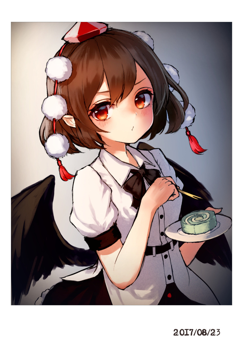 1girl :/ absurdres bangs black_bow black_bowtie black_skirt black_wings blush bow bowtie brown_hair buttons closed_mouth collared_shirt commentary_request dated dress_shirt eating food_request gradient gradient_background hat highres holding holding_plate looking_at_viewer plate pom_pom_(clothes) pyonsuke_(pyon2_mfg) red_eyes red_hat shameimaru_aya shirt short_hair short_sleeves skirt solo tassel tokin_hat touhou upper_body white_shirt wing_collar wings