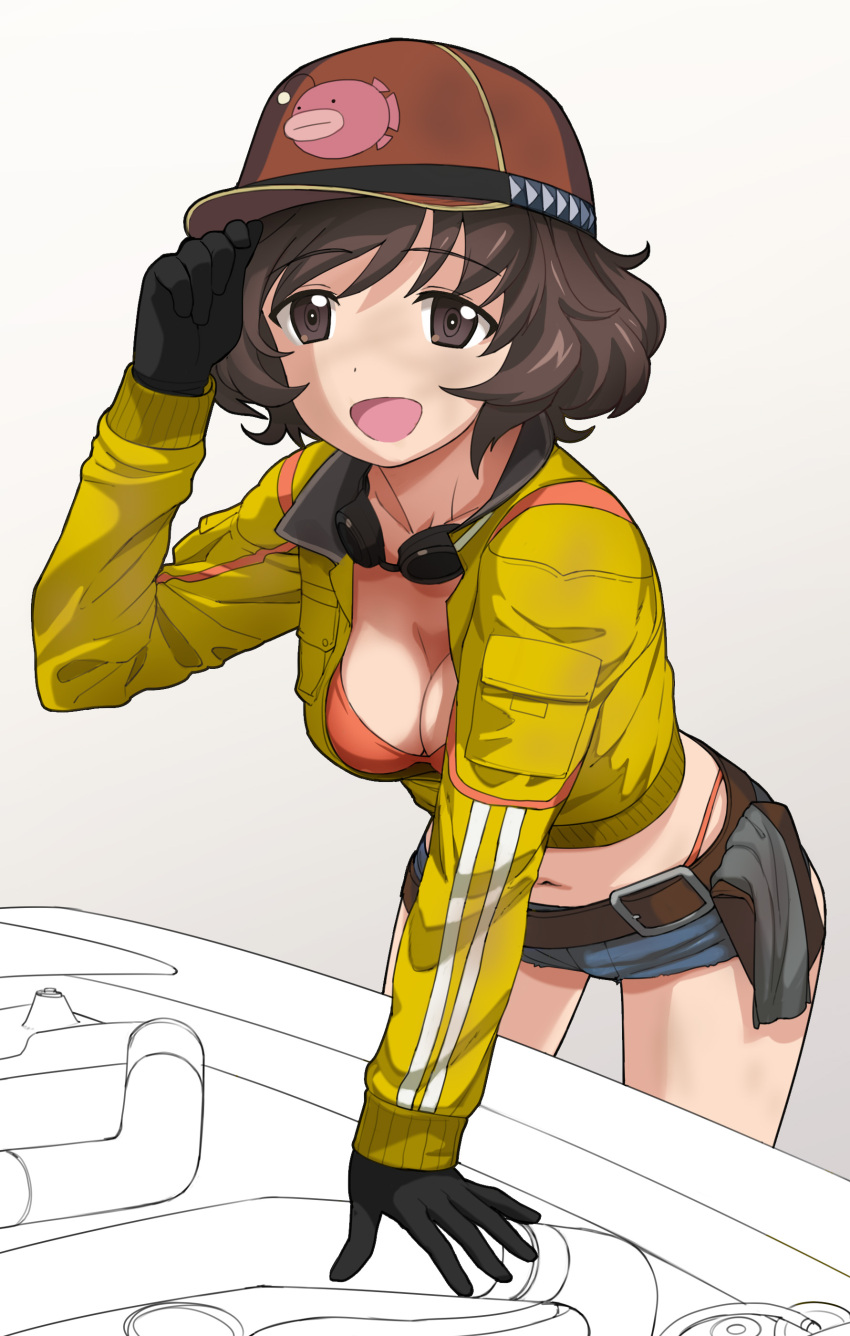 1girl :d a1 absurdres akiyama_yukari arm_support black_gloves blue_shorts bra breasts brown_eyes brown_hair brown_hat cidney_aurum cleavage eyebrows_visible_through_hair final_fantasy final_fantasy_xv girls_und_panzer glasses_around_neck gloves grey_background hat highres leaning_forward medium_breasts midriff navel open_mouth orange_bra orange_panties panties short_shorts shorts smile solo stomach sweater torn_clothes torn_shorts underwear yellow_sweater