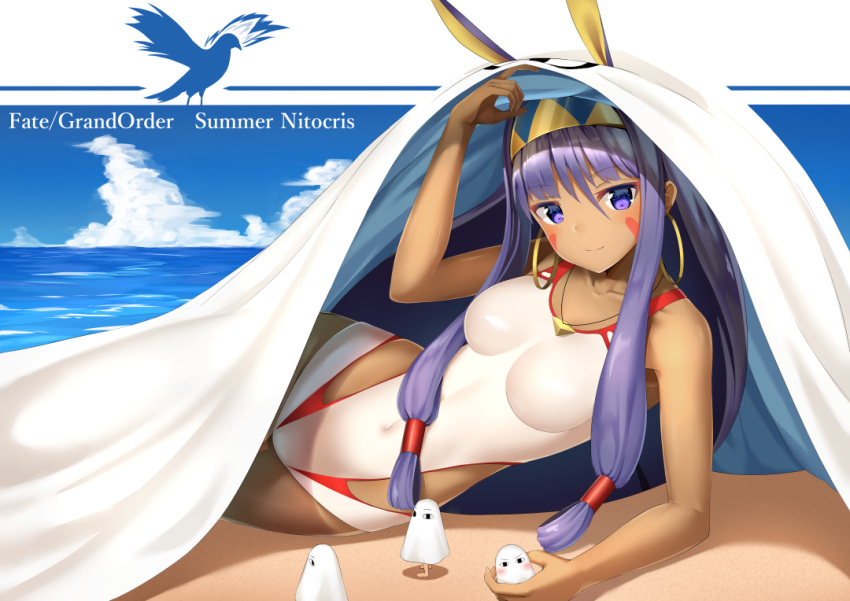 1girl arm_support bangs beach blanket blue_sky breasts closed_mouth clouds cloudy_sky collarbone dark_skin day egyptian eyebrows_visible_through_hair facial_mark fate/grand_order fate_(series) hair_between_eyes hair_tubes hairband horizon kurotobi_rarumu long_hair looking_at_viewer lying medium_breasts medjed nitocris_(fate/grand_order) nitocris_(swimsuit_assassin)_(fate) on_side one-piece_swimsuit outdoors purple_hair sky smile solo swimsuit tsurime very_long_hair violet_eyes white_swimsuit