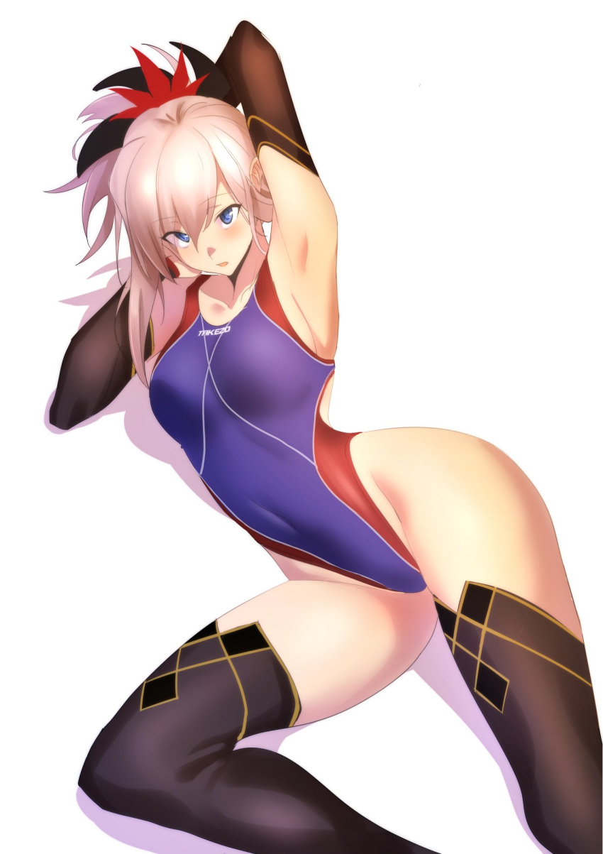 1girl armpits arms_up black_legwear blue_eyes breasts competition_swimsuit covered_navel detached_sleeves dutch_angle eyebrows_visible_through_hair fate/grand_order fate_(series) hair_between_eyes hair_ornament highres large_breasts leg_up miyamoto_musashi_(fate/grand_order) one-piece_swimsuit parted_lips pink_hair ponytail simple_background solo swimsuit thigh-highs ulrich_(tagaragakuin) white_background