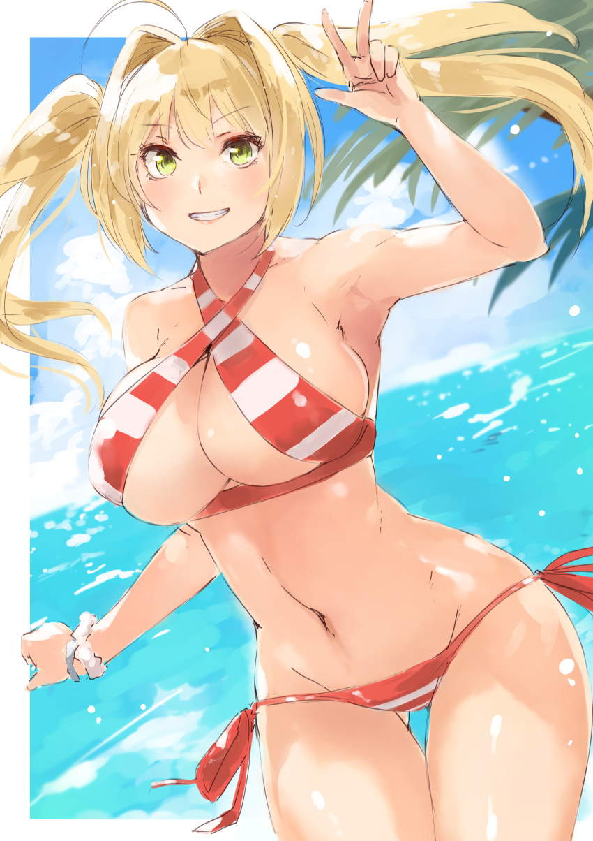 1girl absurdres ahoge beach bikini blonde_hair breasts cowboy_shot curvy day denizen_tomo fate/grand_order fate_(series) gluteal_fold green_eyes grin hair_intakes halterneck highres large_breasts long_hair looking_at_viewer navel nero_claudius_(swimsuit_caster)_(fate) ocean outdoors saber_extra scrunchie side-tie_bikini sky smile solo striped striped_bikini swimsuit thigh_gap twintails w wrist_scrunchie