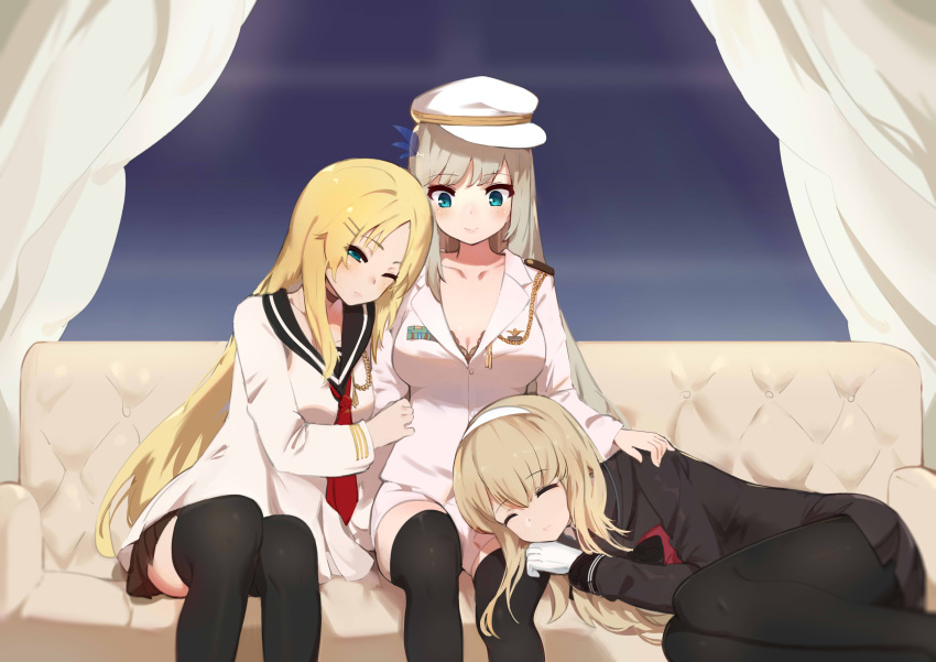 3girls absurdres aiguillette black_jacket black_legwear blonde_hair blue_eyes bow bra bra_peek breasts cleavage closed_eyes couch dress epaulettes girl_sandwich gloves hair_ornament hairclip hat head_on_another's_shoulder highres jacket lap_pillow lexington_(cv-16)_(zhan_jian_shao_nyu) lexington_(zhan_jian_shao_nyu) long_hair looking_at_another military military_uniform multiple_girls one_eye_closed pantyhose peaked_cap platinum_blonde pleated_skirt sailor_dress sandwiched saratoga_(zhan_jian_shao_nyu) sitting skirt sleeping smile thigh-highs underwear uniform very_long_hair white_gloves white_jacket yuri ze_(wzfnn001) zhan_jian_shao_nyu