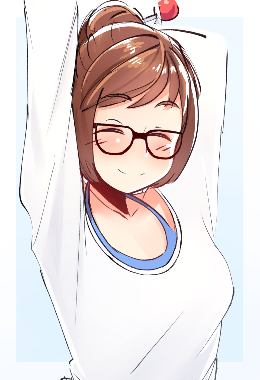 1girl arms_behind_head arms_up black-framed_eyewear blue_background blue_shirt breasts brown_hair closed_eyes coolisushi eyebrows_visible_through_hair facing_viewer glasses hair_bun hair_ornament hair_stick highres long_sleeves medium_breasts mei_(overwatch) overwatch shirt short_hair simple_background sketch smile solo stretch sweatshirt tank_top upper_body white_border white_shirt