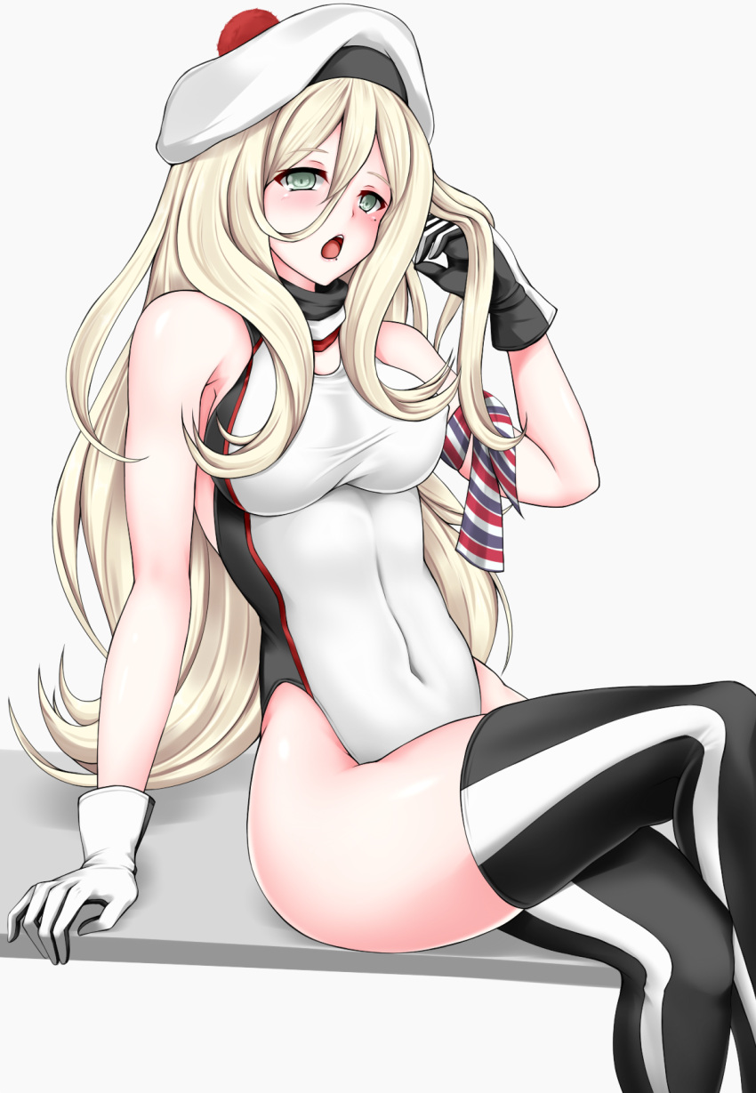 1girl armband bare_shoulders beret blonde_hair competition_swimsuit cowboy_shot gloves green_eyes hair_between_eyes hat highres kantai_collection long_hair looking_at_viewer mole mole_under_eye multicolored multicolored_clothes multicolored_gloves one-piece_swimsuit open_mouth pom_pom_(clothes) richelieu_(kantai_collection) simple_background sitting solo striped striped_legwear swimsuit thigh-highs wavy_hair white_background white_swimsuit z5987