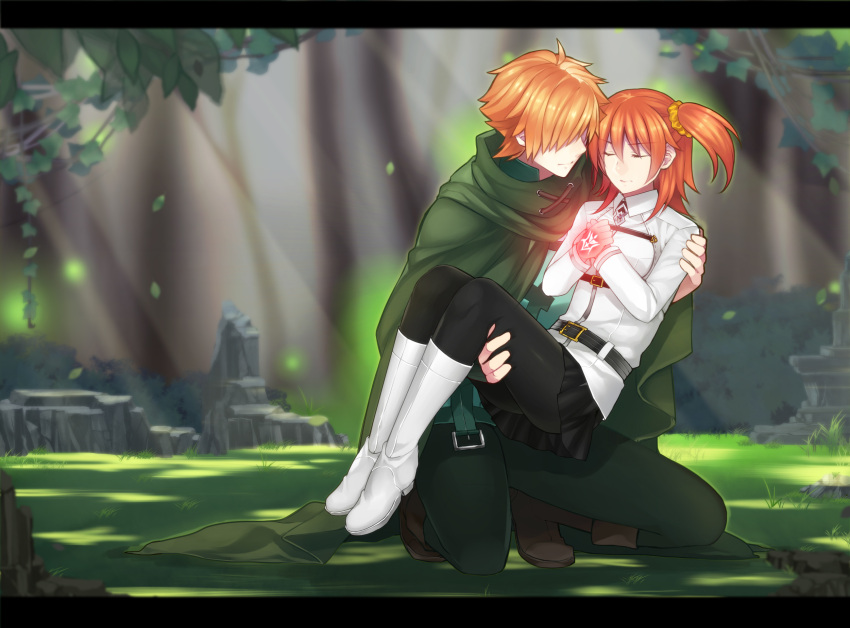 1boy 1girl archer_(fate/extra) black_legwear black_skirt boots brown_hair cape carrying closed_eyes day eyebrows_visible_through_hair fate/grand_order fate_(series) forest fujimaru_ritsuka_(female) green_pants hair_ornament hair_scrunchie hands_together highres hira_(daphne) jacket kneeling long_hair miniskirt nature one_side_up orange_hair outdoors pants pantyhose pleated_skirt princess_carry scrunchie skirt tattoo tree uniform white_boots white_jacket