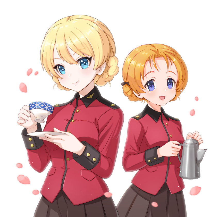 bangs black_bow black_skirt blonde_hair blue_eyes bow braid cherry_blossoms closed_mouth commentary_request cup darjeeling epaulettes eyebrows_visible_through_hair girls_und_panzer hair_bow highres holding jacket kakuzatou_(boxxxsugar) long_sleeves looking_at_viewer military military_uniform miniskirt open_mouth orange_hair orange_pekoe parted_bangs pleated_skirt red_jacket saucer short_hair simple_background skirt smile st._gloriana's_military_uniform standing teacup teapot tied_hair twin_braids uniform upper_body white_background