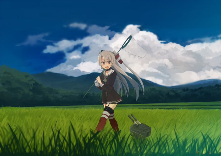 &gt;:d 1girl :d amatsukaze_(kantai_collection) annin_musou black_dress brown_eyes butterfly_net clouds cloudy_sky commentary day dress grass hair_between_eyes hair_tubes hand_net hill kantai_collection lifebuoy long_hair long_sleeves open_mouth outdoors rensouhou-kun sailor_collar sailor_dress silver_hair sky smile thigh-highs two_side_up white_sailor_collar windsock