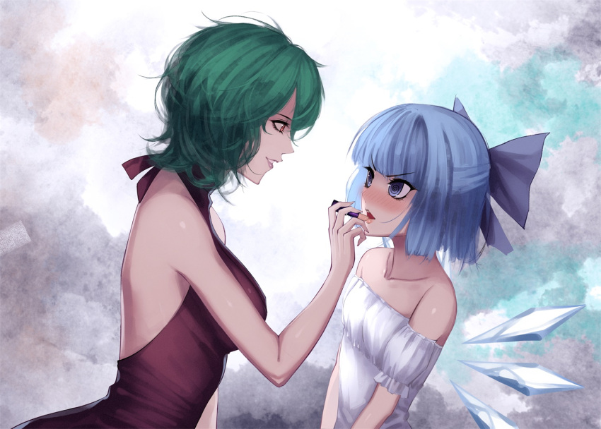 2girls @_@ alternate_costume applying_makeup arm arm_at_side arms_at_sides back backless_outfit bangs bare_arms bare_shoulders blue_bow blue_eyes blue_hair blunt_bangs blush bow breasts cirno collarbone dress eye_contact eyebrows_visible_through_hair female formal from_side green_hair grin hair_bow halterneck ice ice_wings kazami_yuuka large_breasts light_blue_hair lips lipstick lipstick_tube looking_at_another makeup multiple_girls neck off-shoulder_dress open-back_dress open_mouth parted_lips red-d red_dress red_eyes ringed_eyes short_hair small_breasts smile touhou turtleneck upper_body white_dress wings yuri