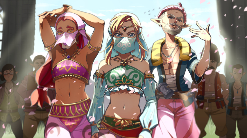 6+boys alternate_costume beard blonde_hair blue_eyes crossdressinging detached_sleeves earrings facial_hair gerudo_link highres jewelry lineup link looking_at_viewer male_focus midriff multiple_boys navel otton petals pointy_ears stomach the_legend_of_zelda the_legend_of_zelda:_breath_of_the_wild trap veil walking