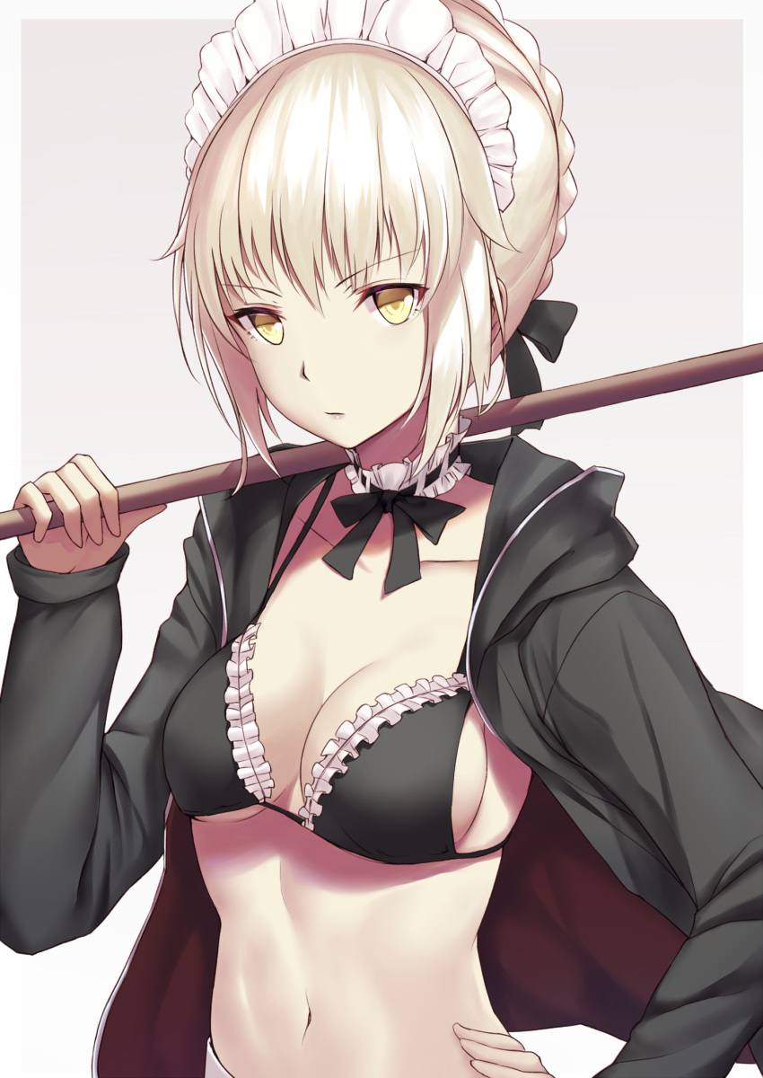 1girl artoria_pendragon_(all) artoria_pendragon_(swimsuit_rider_alter)_(fate) bangs bikini bikini_under_clothes black_jacket blonde_hair braid breasts cleavage collarbone detached_collar eyebrows_visible_through_hair fate/grand_order fate_(series) french_braid hand_on_hip highres holding jacket long_sleeves looking_at_viewer maid_bikini maid_headdress medium_breasts navel pdxen ribbon-trimmed_collar ribbon_trim saber_alter short_hair simple_background solo swimsuit upper_body yellow_eyes
