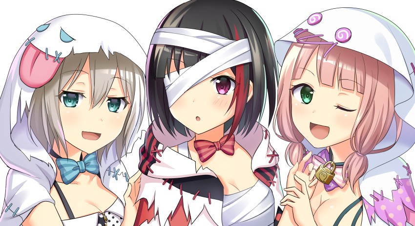3girls absurdres aoba_moka bandaged_eyes bang_dream! black_hair blue_eyes blush bow bowtie breasts brown_hair cleavage collarbone eyebrows_visible_through_hair green_bow green_bowtie green_eyes highres large_breasts looking_at_another looking_at_viewer mitake_ran multicolored_hair multiple_girls one_eye_closed open_mouth parted_lips pink_bow pink_bowtie pink_eyes pink_hair red_bow red_bowtie redhead short_hair smile uehara_himari yuusa