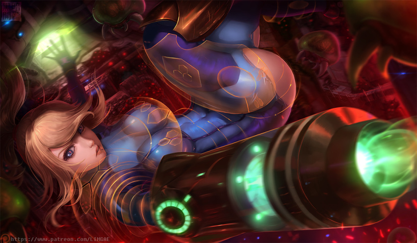 alien arm_cannon armor armored_boots ass blonde_hair blue_eyes bodysuit boots covered_navel energy limgae lips metroid patreon_username ponytail samus_aran skin_tight weapon