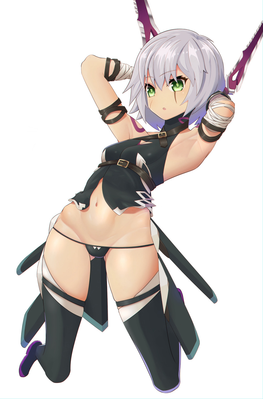 1girl :o absurdres arm_belt armpits arms_behind_head arms_up assassin_of_black bandage bandaged_arm bangs bare_shoulders belt_buckle black_belt black_boots black_panties black_shirt boots breasts buckle dagger dual_wielding eyebrows_visible_through_hair fate/apocrypha fate_(series) green_eyes grey_hair groin hair_between_eyes halter_top halterneck highres holding holding_dagger holding_knife holding_weapon knife looking_at_viewer lowleg lowleg_panties navel panties reverse_grip scabbard scar scar_across_eye scar_on_cheek sheath shirt short_hair shoulder_tattoo simple_background skindentation sleeveless sleeveless_shirt small_breasts solo star_(sky) stomach tama-san tattoo thigh-highs thigh_boots turtleneck underwear unsheathed weapon white_background