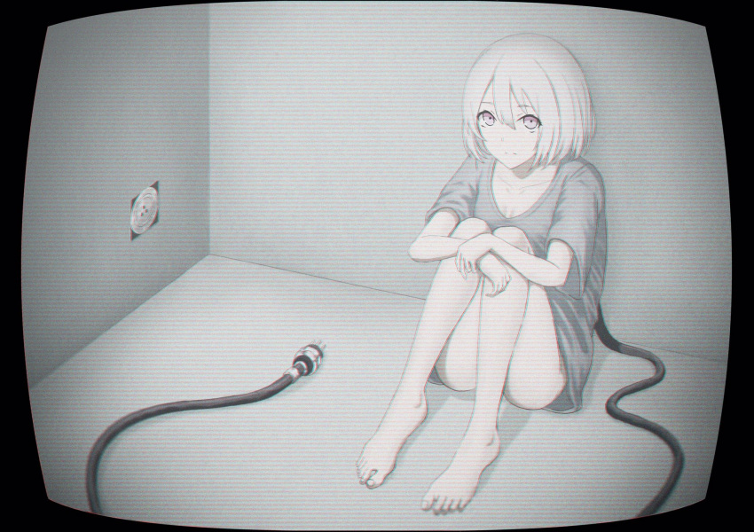 1girl barefoot breasts cleavage closed_mouth collarbone eyebrows_visible_through_hair fetal_position highres looking_at_viewer medium_breasts original pink_eyes plug power_cord short_hair sitting solo teraguchi white_hair
