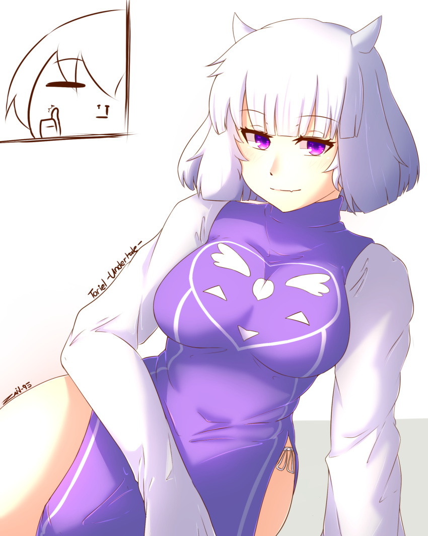 absurdres arm_support artist_name blood bob_cut breasts character_name closed_eyes copyright_name dress fang frisk_(undertale) heart highres horns humanization nas_(z666ful) nosebleed panties pelvic_curtain purple_dress short_hair side-tie_panties side_slit signature smile thumbs_up toriel turtleneck undertale underwear violet_eyes white_hair white_sleeves