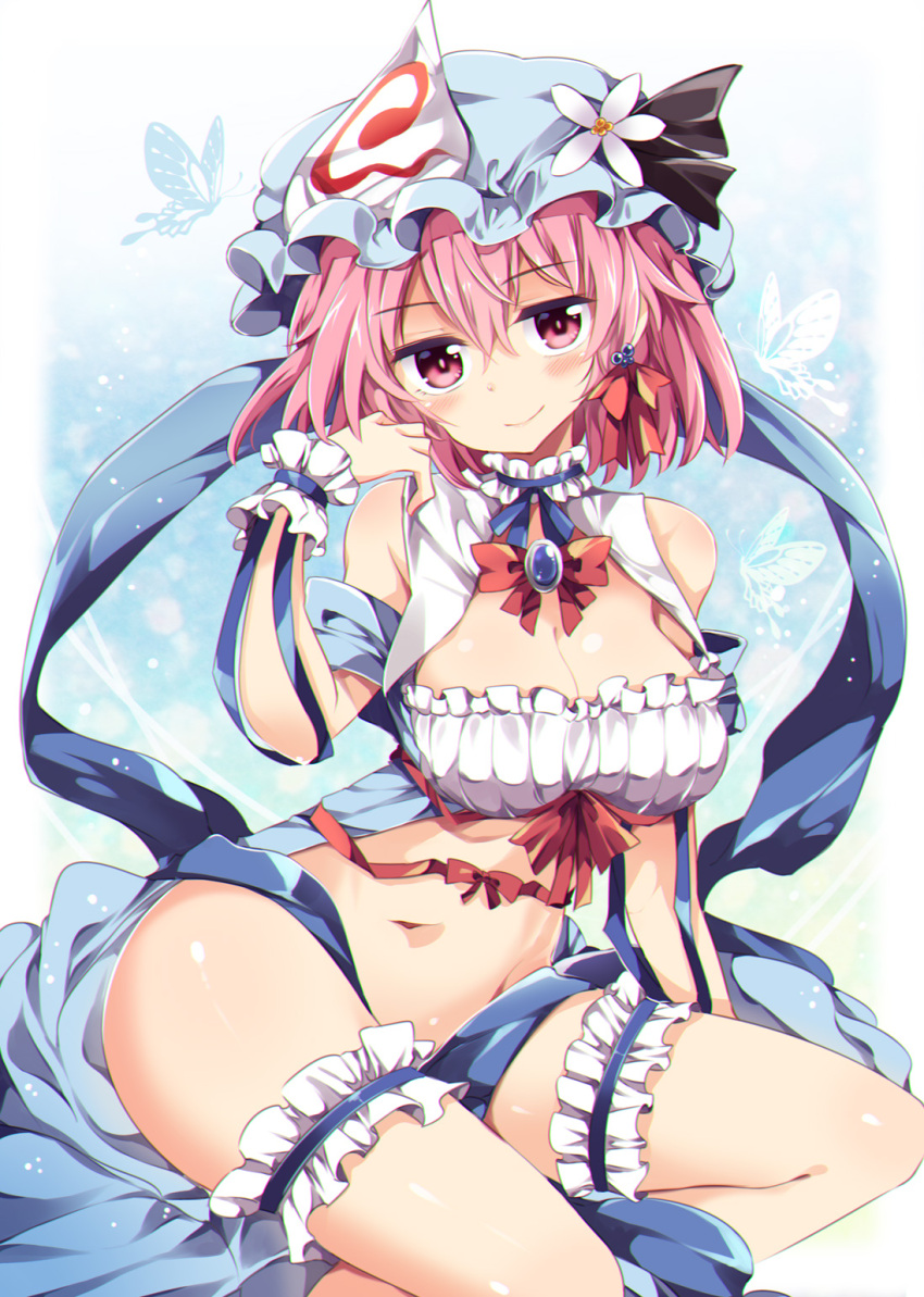 1girl black_ribbon blue_ribbon blush bottomless breasts brooch butterfly cleavage closed_mouth collar flower frills hair_between_eyes half-closed_eyes hat hat_flower hat_ribbon head_tilt highres jewelry large_breasts leg_garter looking_at_viewer maturiuta_sorato mob_cap pink_eyes pink_hair red_ribbon ribbon saigyouji_yuyuko shawl sitting smile solo touhou triangular_headpiece white_flower wrist_cuffs